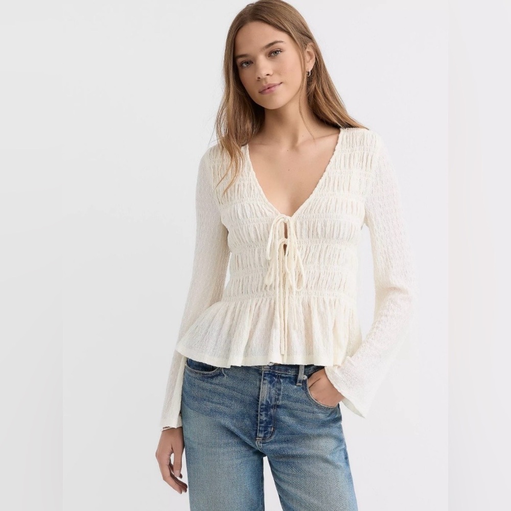 LOFT Tie Smocked Flare Sleeve Top